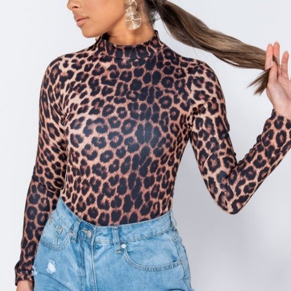 Leopard Print Long Sleeve High Neck Bodysuit Top - Picture 2 of 9